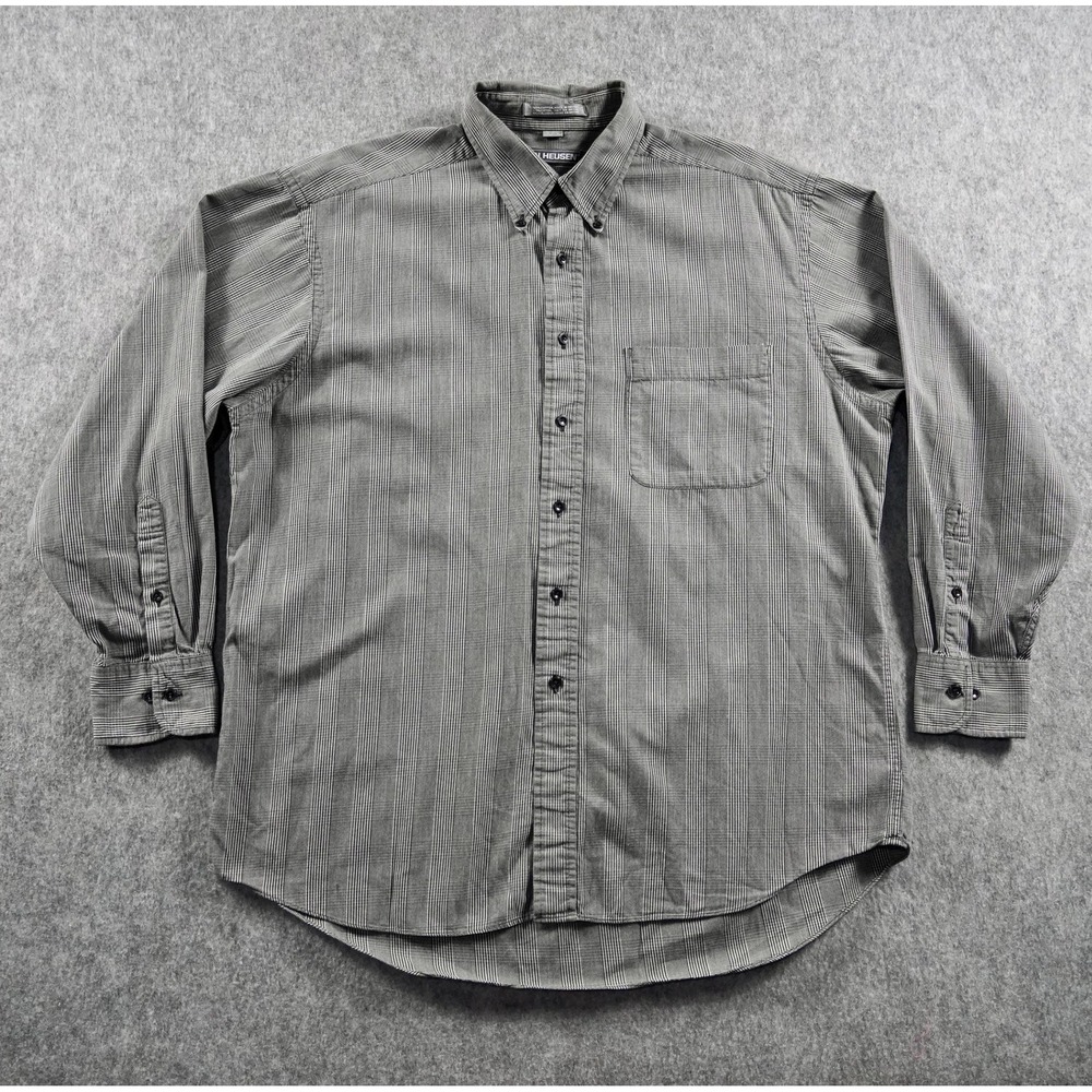 Van Heusen Men's Button Down Shirt Size L 17 34/35 Gray Plaid Long Sleeve Preppy
